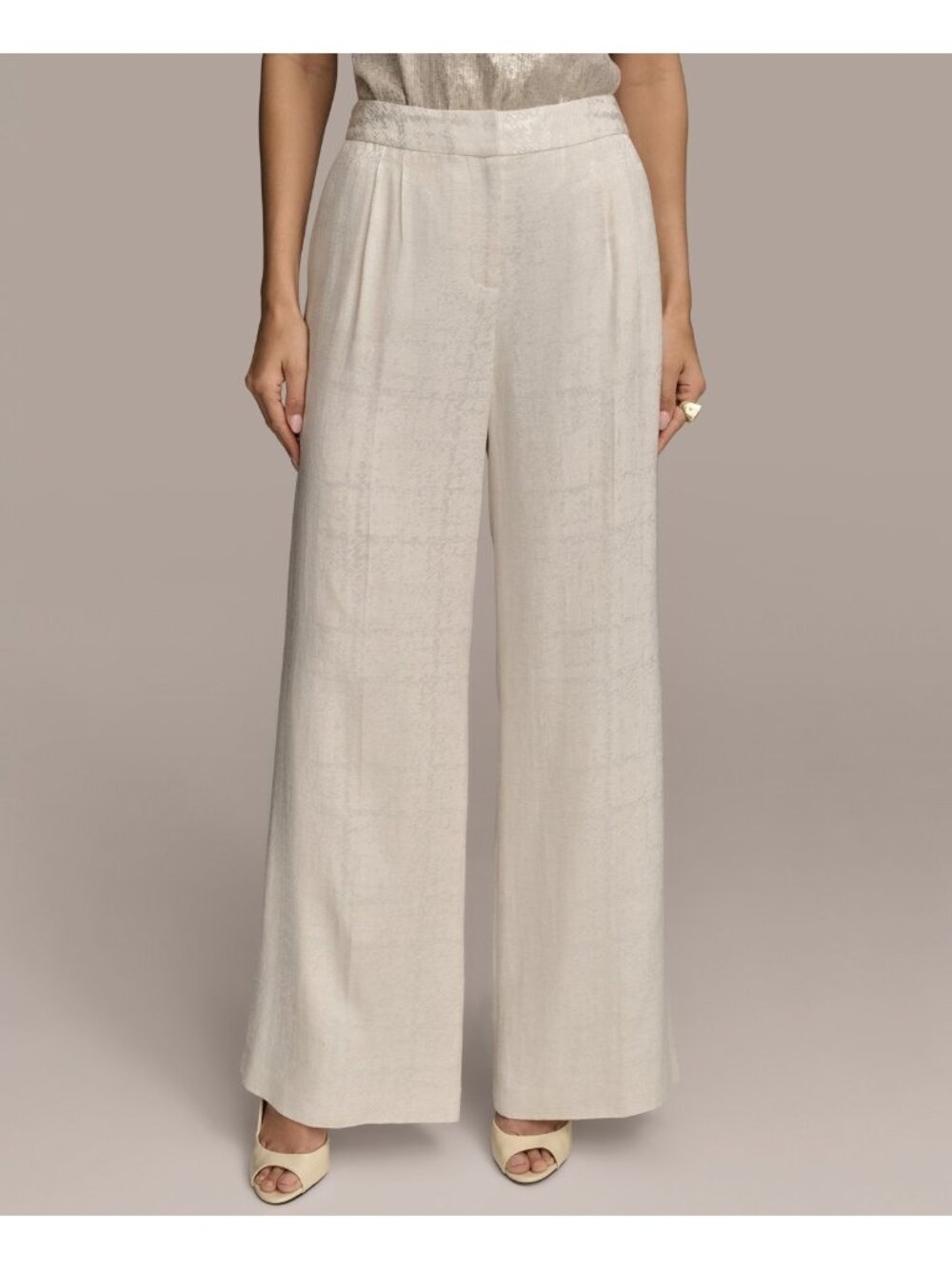 Donna Karan Women Linen-Blend Jacquard Wide-Leg Pants pocket Cream Size 10 $129